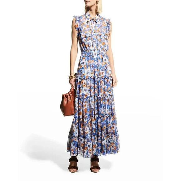 New Misa Los Angeles Womens Trina Blue Pansy Floral Maxi Dress Medium - Picture 1 of 9